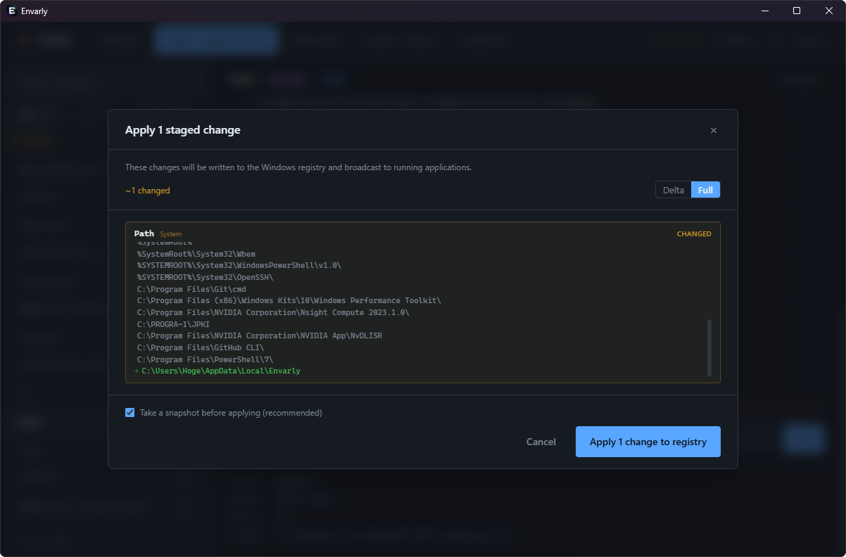 Envarly — Apply confirmation modal with Full diff view for PATH entries
