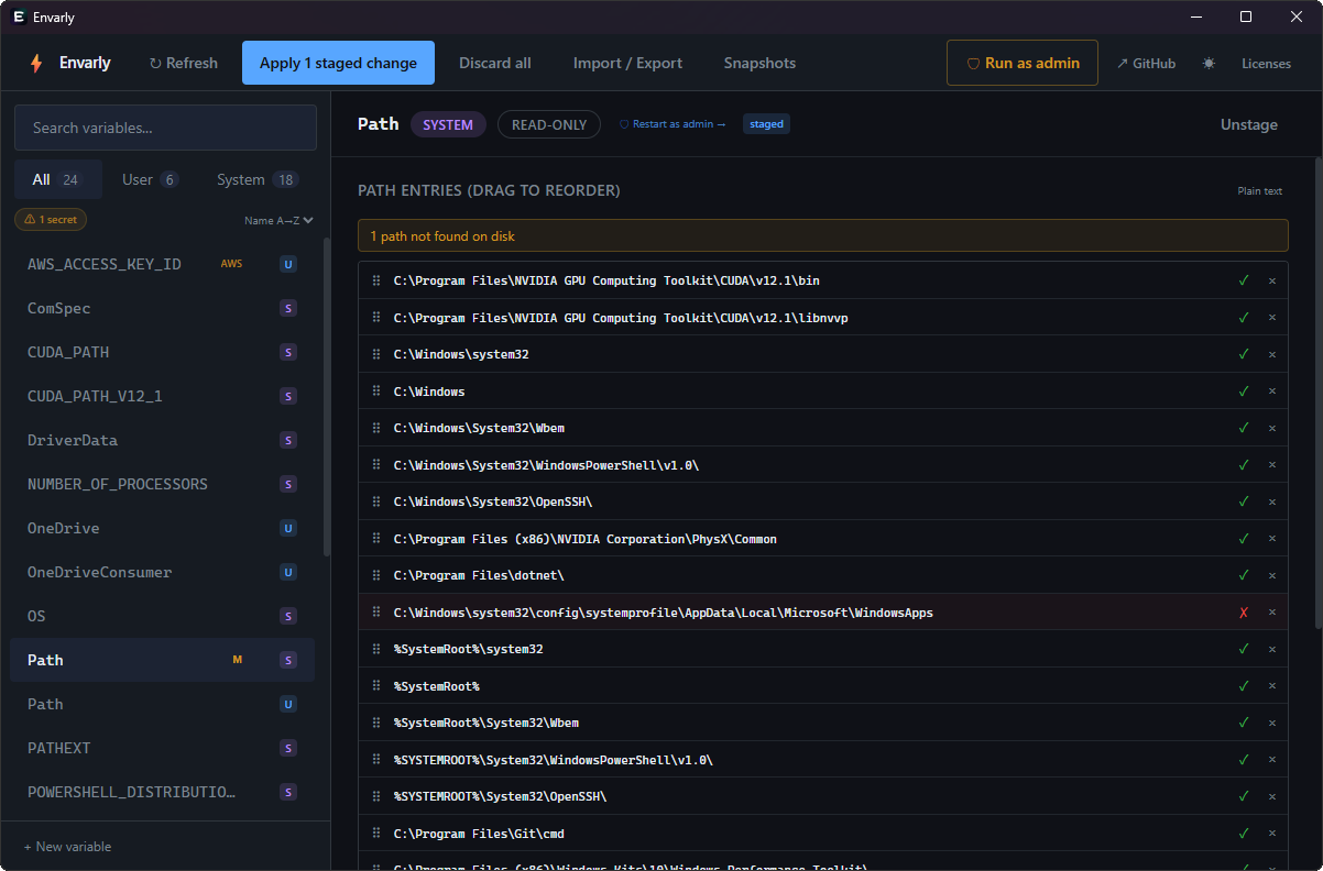 Envarly — PATH editor with per-entry validation and staged change